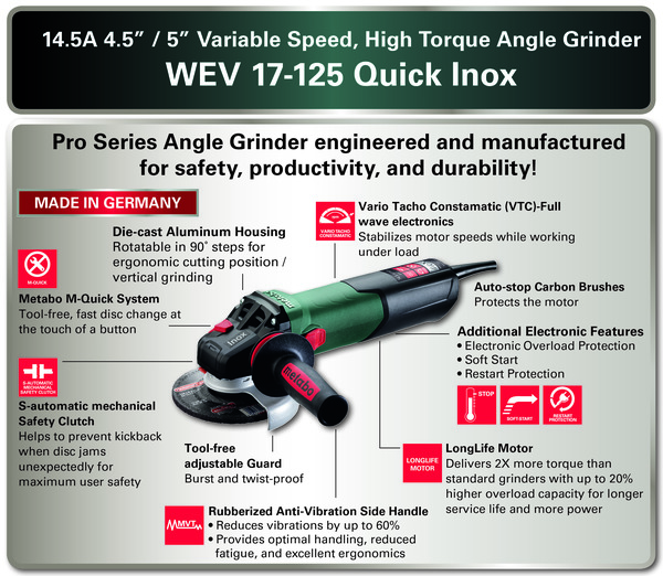 PTM-INOX600517420 4.5" / 5" Variable Speed Angle Grinder - 2,000-7,600 RPM - 14.5 Amps - w/ Lock-on, Electronics